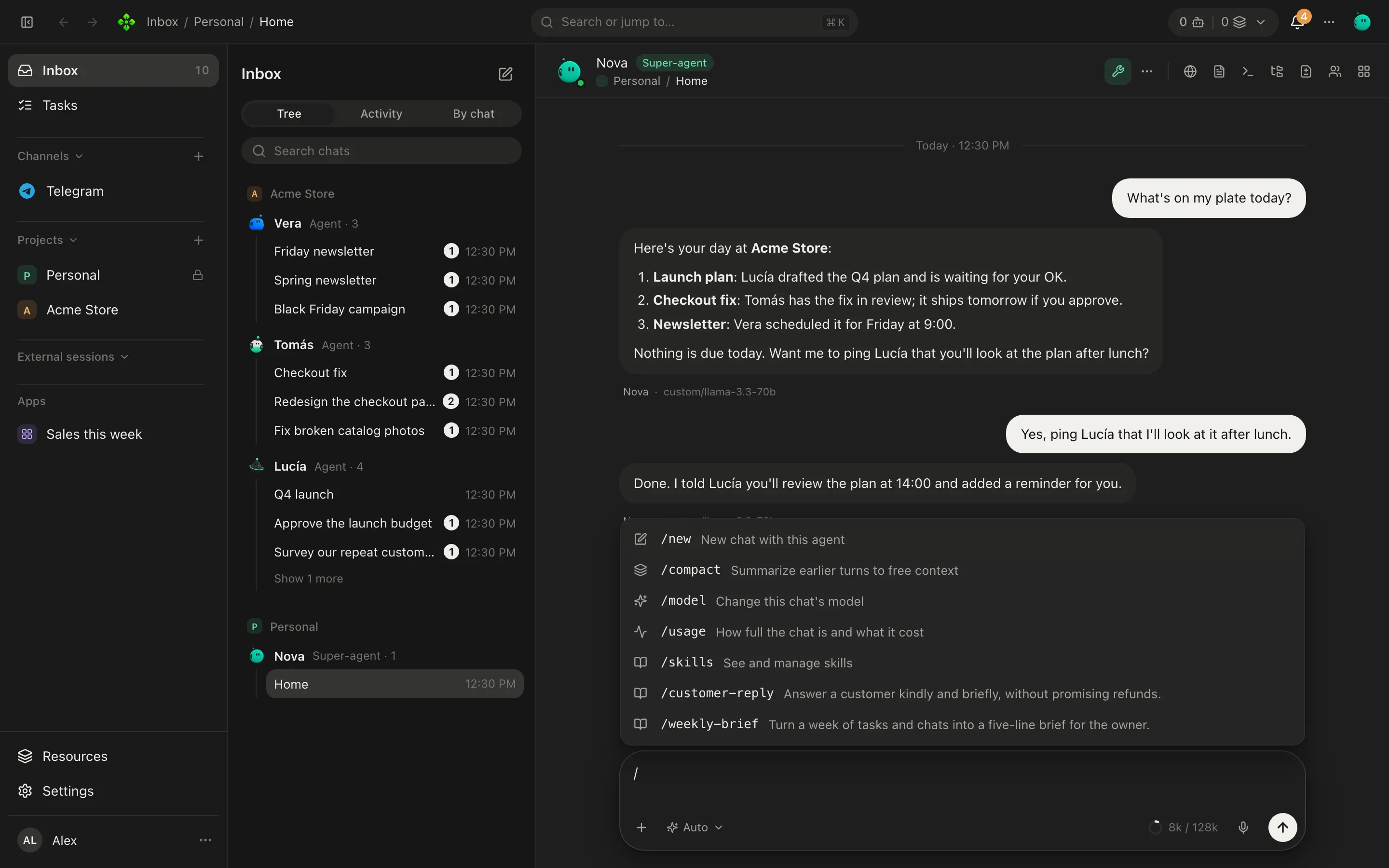 The composer with the slash menu open, listing /new, /compact, /model, /effort and skills
