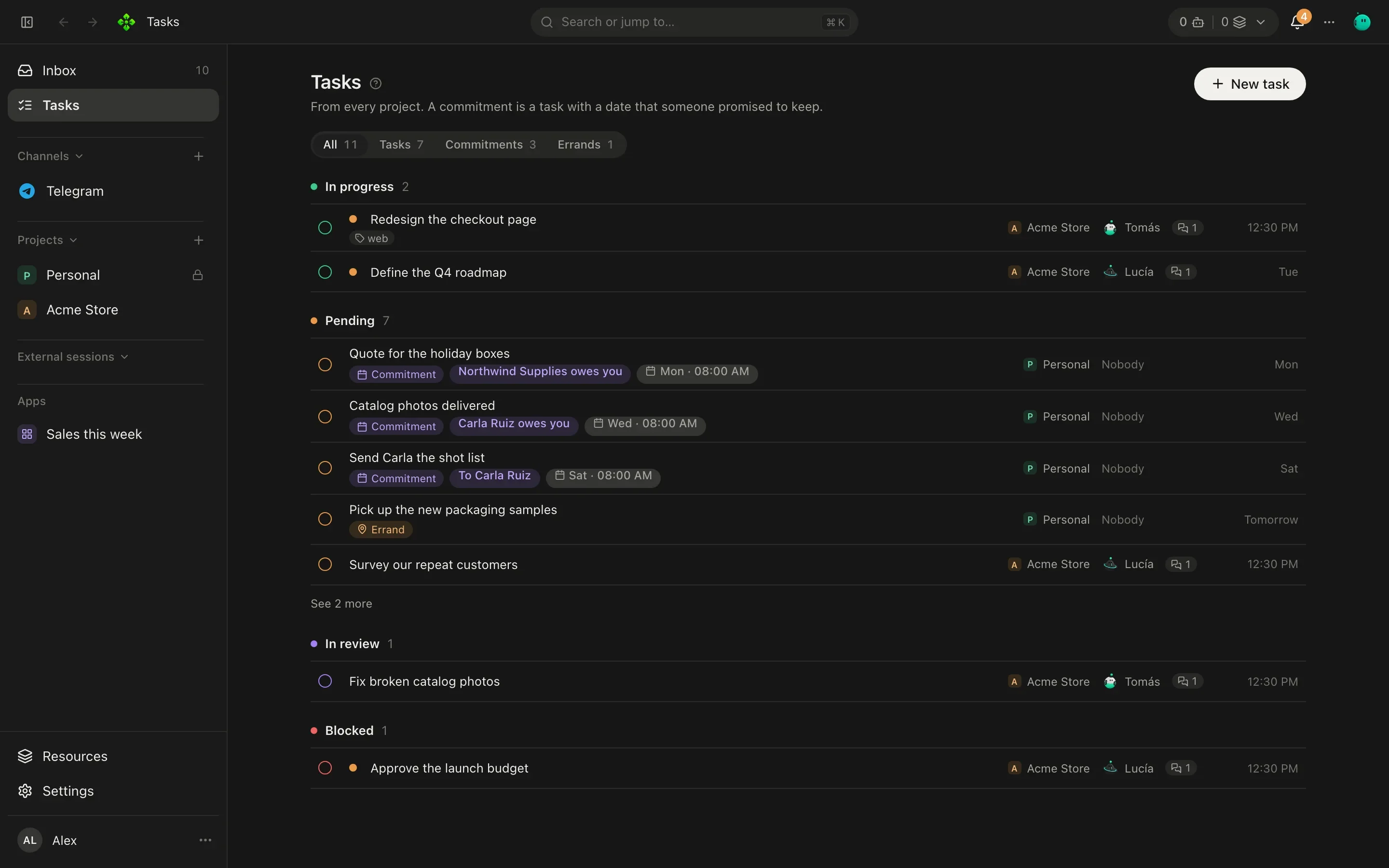 The Tasks screen with groups In progress, Pending, In review and Blocked, each listing tasks with assignee and due date