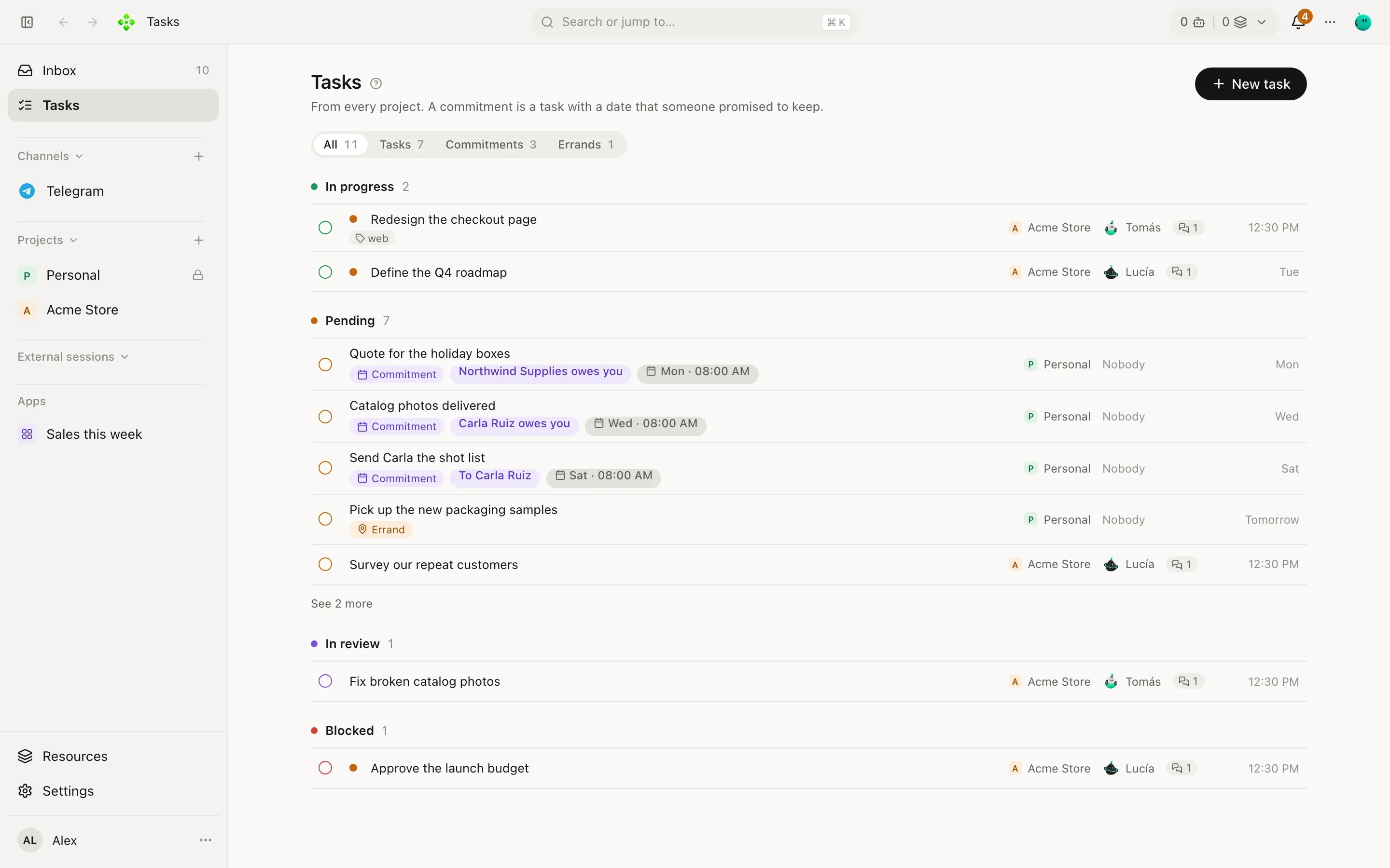 The Tasks screen with groups In progress, Pending, In review and Blocked, each listing tasks with assignee and due date