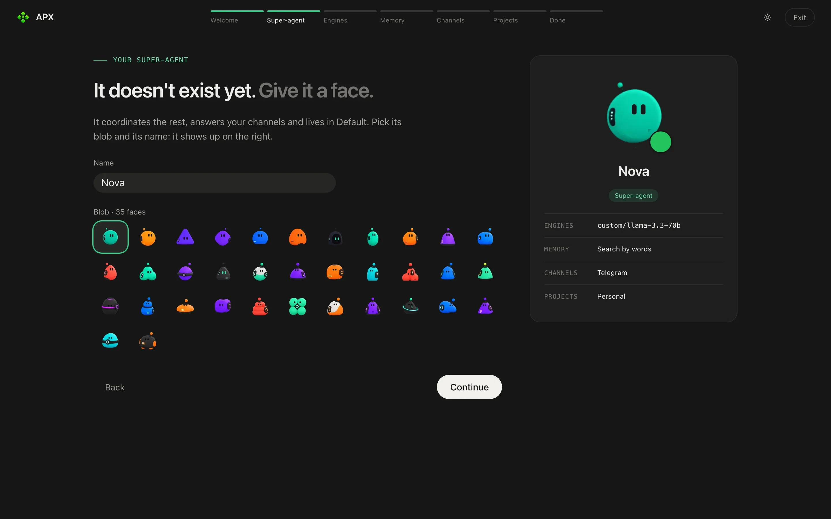 The agent step: a name field, a grid of blob faces and the chosen blob shown large on the right