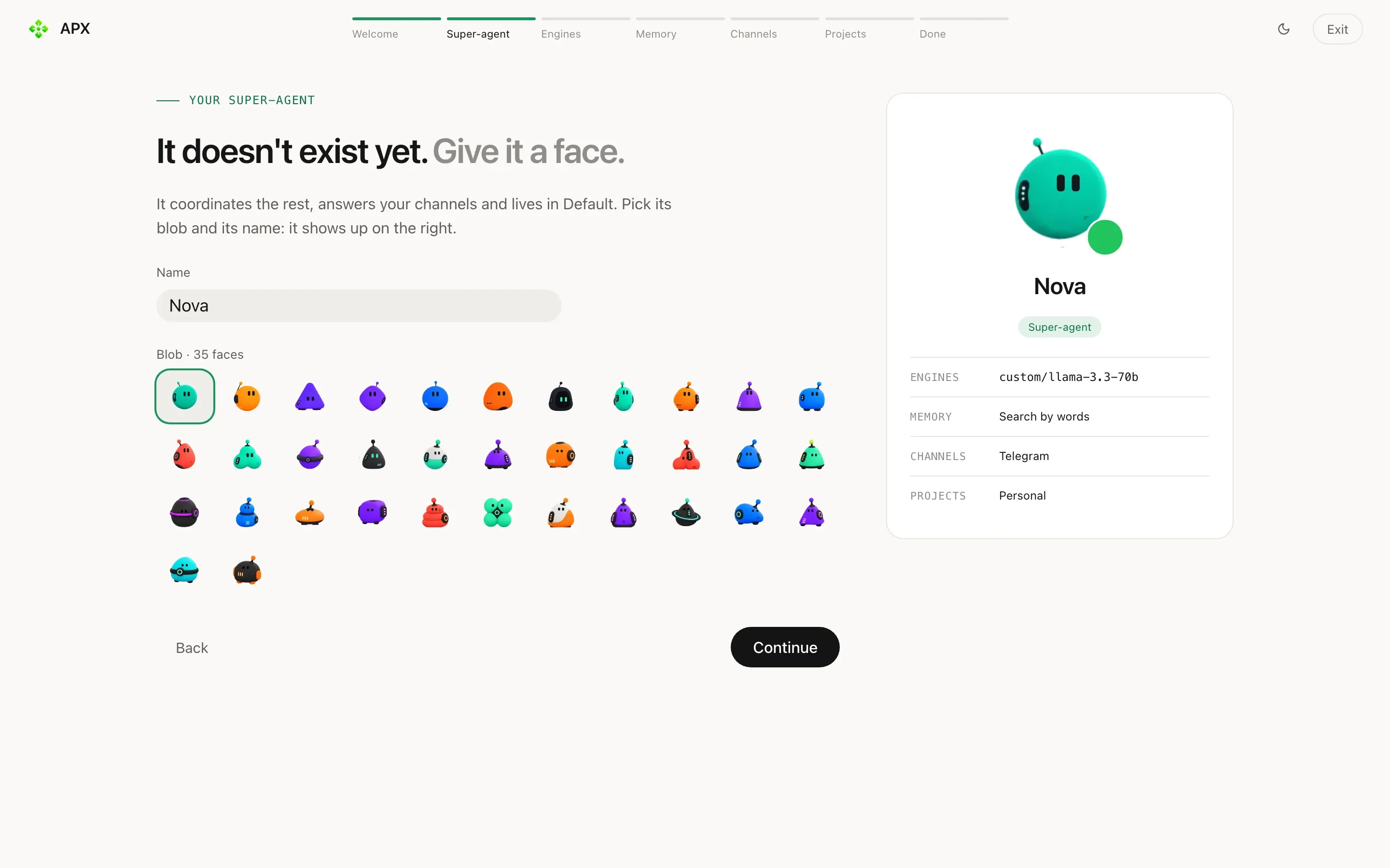 The agent step: a name field, a grid of blob faces and the chosen blob shown large on the right